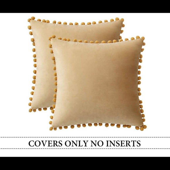 Luxury Home | Golden Khaki Soft Velvet Pom Pom Trim Throw Pillow Covers - Picture 7 of 8